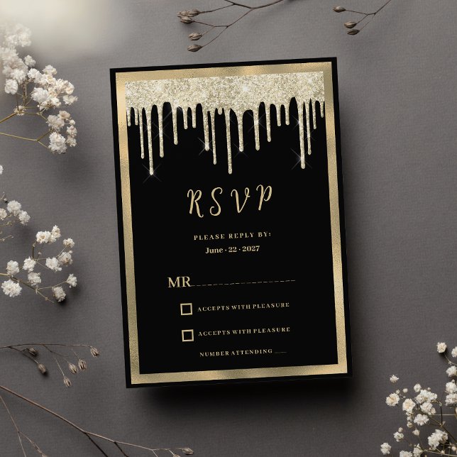 Elegant svart guld glitter droppar OSA Inbjudningar (Elegant black gold glitter drips RSVP )