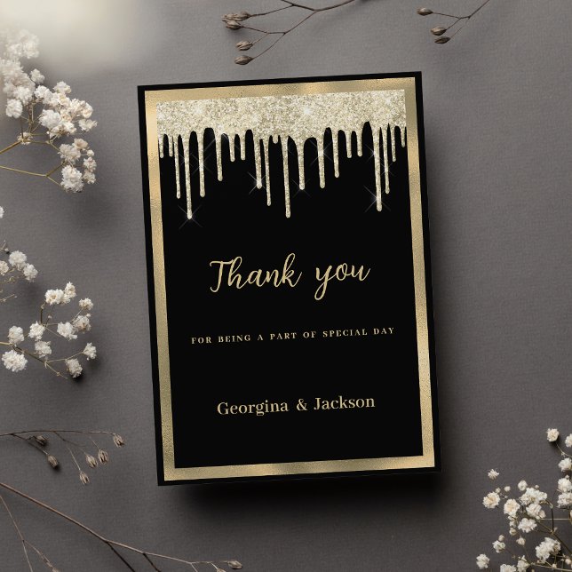 Elegant svart guld glitter droppar Tack Inbjudningar (Elegant black gold glitter drips Thank You )