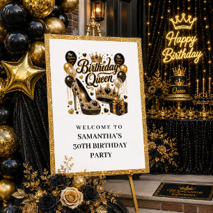 Elegant svart guld glitter födelsedagsdrottning vä poster