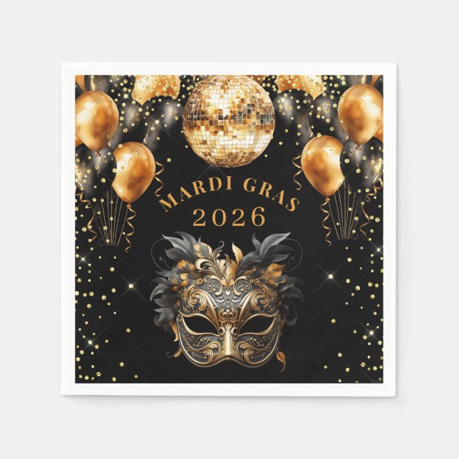Elegant svart guld glitter Mardi Gras 2026 Pappersservett (Framsidan)