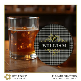 Elegant svart guld grå glen-rutig monogram underlägg papper rund