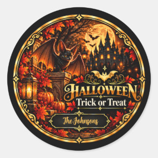 Elegant svart guld Halloween Bus eller godspresent Runt Klistermärke