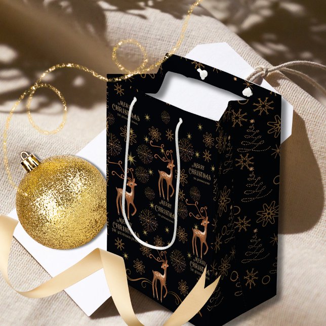 Elegant svart & guld hjort anpassad jul- (Elegant Black & Gold Deer Custom Christmas Medium Gift Bag)