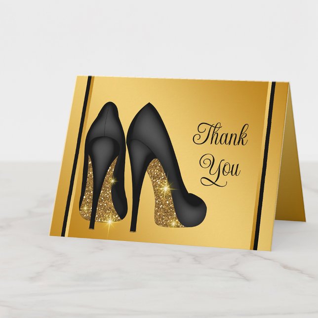 Elegant svart guld högklackad sko tack kort (Add your message or leave blank for your handwritten message.)
