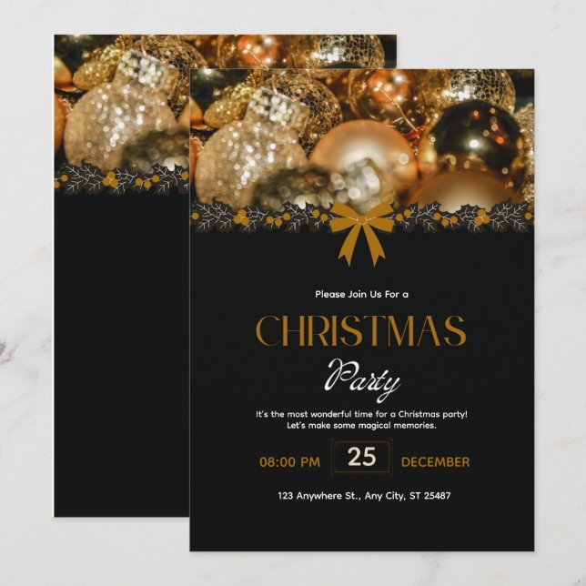 Elegant svart guld jul inbjudan (Fram/baksida)