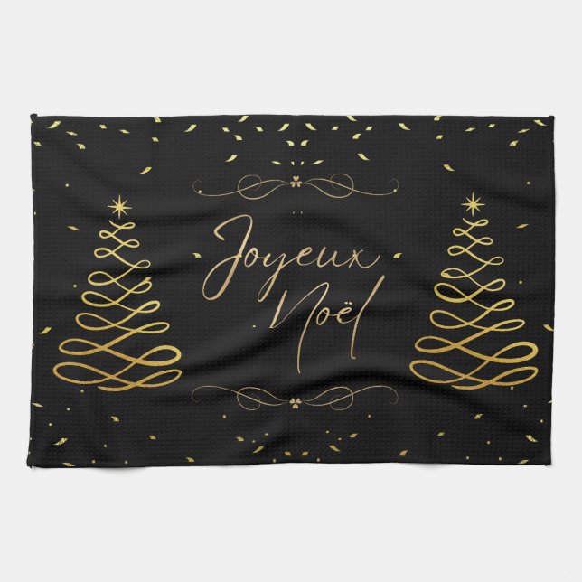 Elegant svart & guld julfirande kökshandduk (Horisontell)
