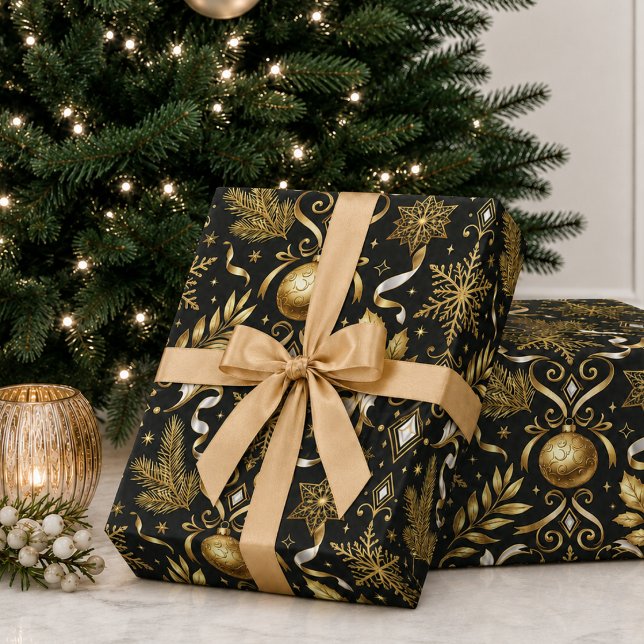 Elegant svart guld julfirande presentpapper (elegant black gold snowflake greenery ornaments Christmas holiday wrapping paper )