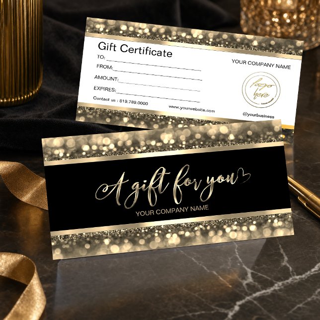 Elegant Svart & Guld | Logotyp presentcertifikat (#GIFTCARD #vochercard #blachgoldsparkle #agiftforyou #certificatecard #luxurygiftcard #elegantgift)