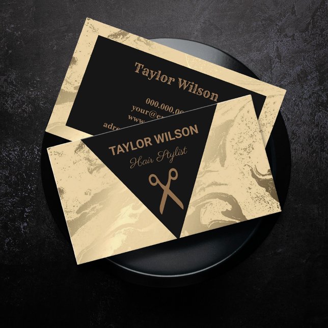 Elegant svart guld marble hair stylist visitkort (Elegant black gold marble hair stylist business card)
