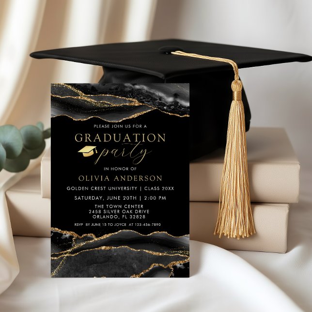 Elegant svart & guld marmor examensfest inbjudningar (Elegant Black and Gold agate Graduation Party Invitation)