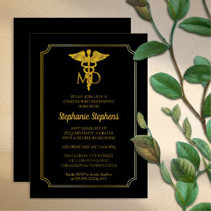 Elegant svart Guld MD Physician Studentfest Inbjudningar