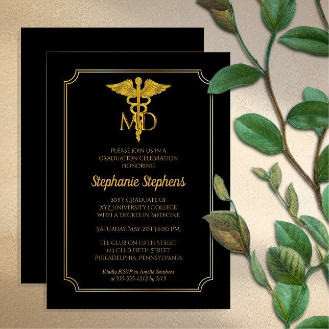 Elegant svart | Guld MD Physician Studentfest Inbjudningar (Elegant Black and Gold Tone "MD" Physician | Doctor Graduation Party Invitation - Print | Download)