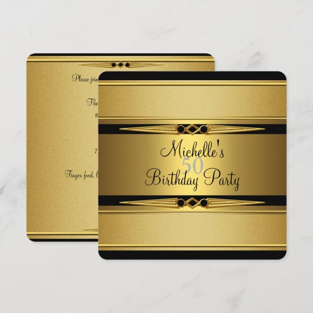 Elegant svart guld metall look 50-årsfirande inbjudningar (Fram/baksida)