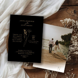 Elegant svart guld minimalistisk bröllopsfoto inbjudningar