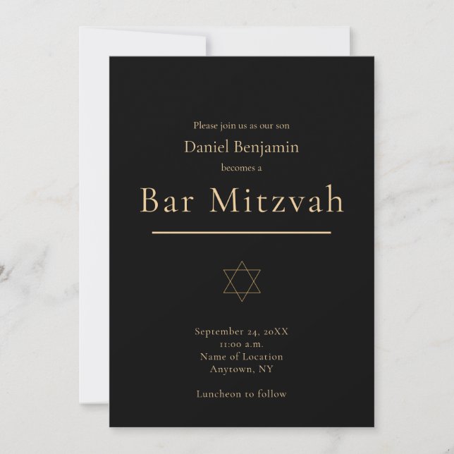 Elegant svart guld Modern Bar Mitzvah Inbjudningar (Framsida)