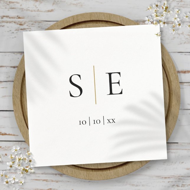 Elegant Svart Guld Monogram Datum Minimalist Pappersservett (Elegant Black Gold Monogram Date Minimalist Napkins)