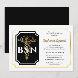 Elegant svart Guld Nurse BSN Studentfest Inbjudningar