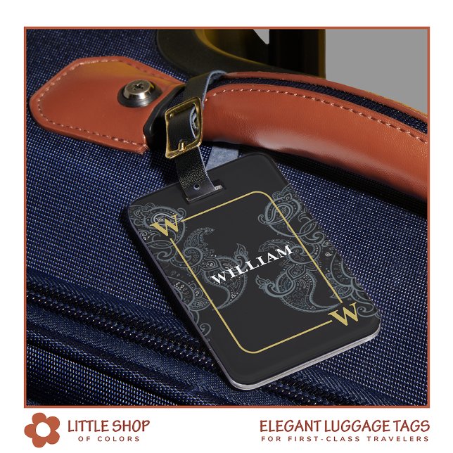 Elegant svart guld paisley-monogram bagagebricka (Skapare uppladdad)