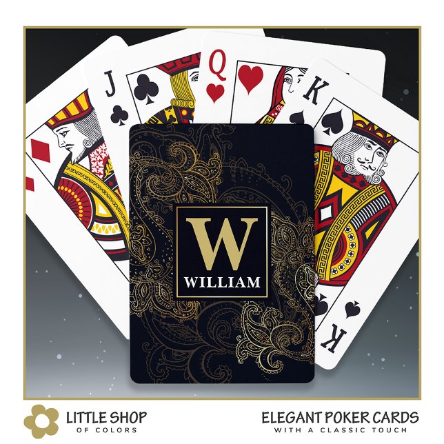 Elegant svart guld paisley-monogram casinokort (Skapare uppladdad)