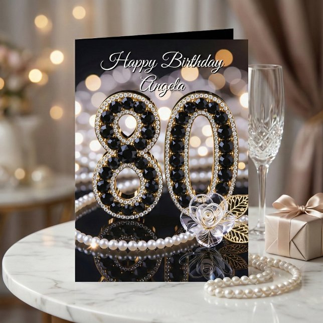 Elegant svart guld pärl diamant 80-årsdag kort (Skapare uppladdad)