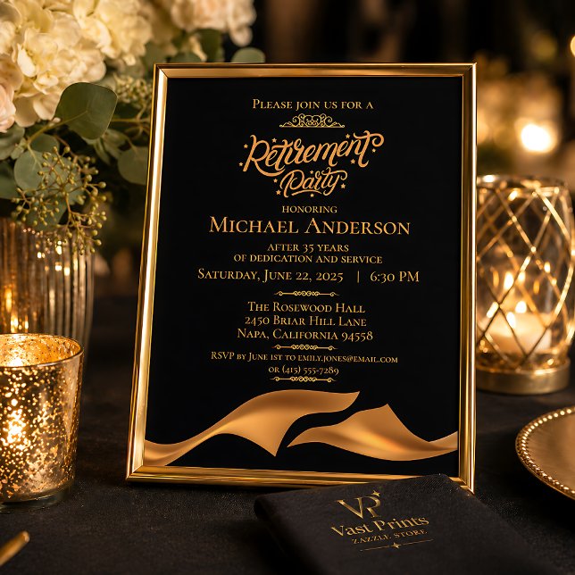 Elegant Svart Guld Pensionärsfest Inbjudningar (Elegant Black Gold Retirement Party Invitation
)