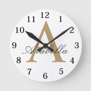 Elegant Svart Guld Personlig Monogram Namn Rund Klocka