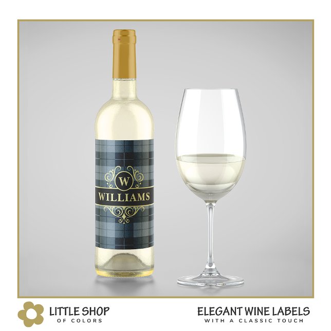 Elegant svart guld plaid monogram vinflaska etikett (Skapare uppladdad)