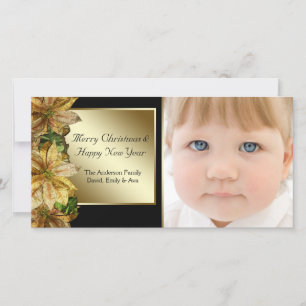 Elegant svart guld Poinsettia Foto Julkort