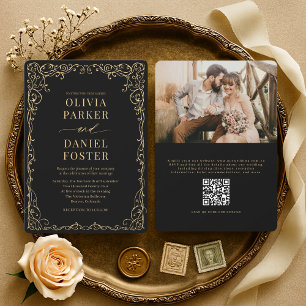 Elegant svart guld QR-kod foto bröllop Inbjudningar