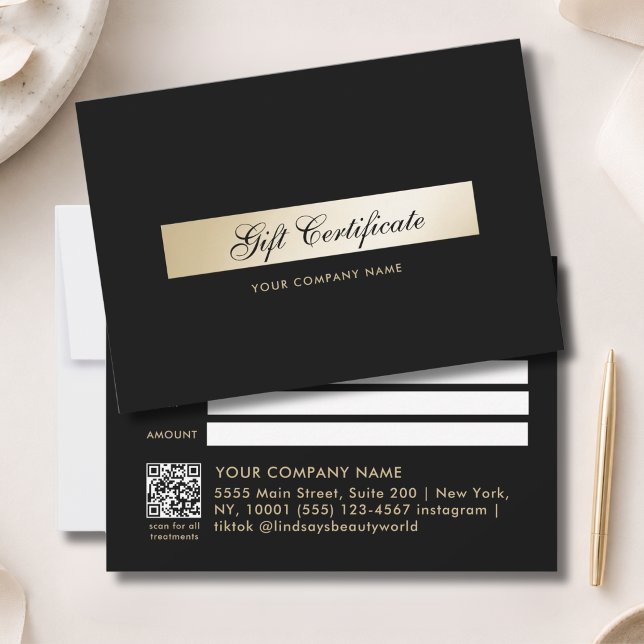 Elegant Svart Guld QR-kod Presentcertifikat (Elegant Black Gold QR Code Gift Certficate)