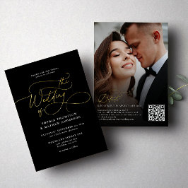 Elegant svart guld QR-kod Rsvp foto bröllop Inbjudningar