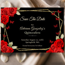 Elegant svart guld röda rosor Quinceanera