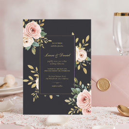 Elegant svart & guld ros bröllopsinbjudan inbjudningar