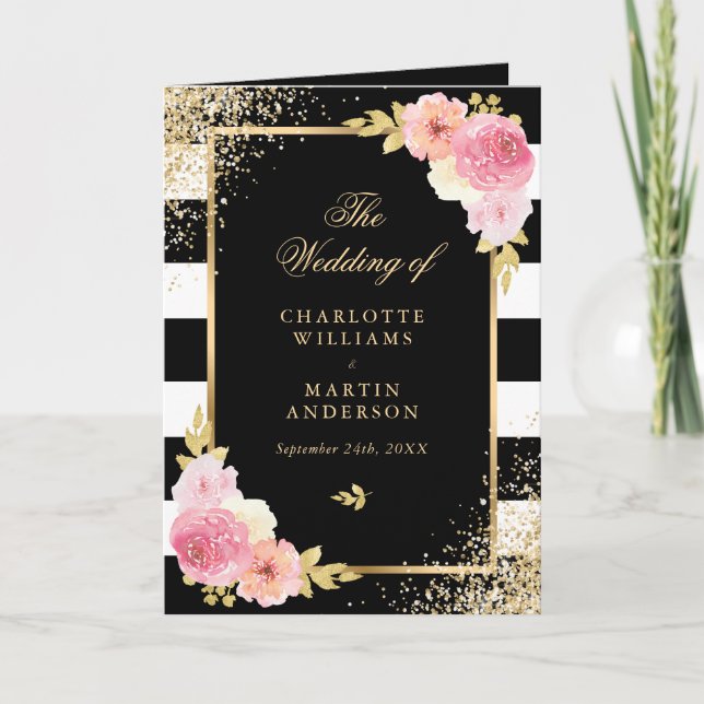 Elegant svart guld rosa blombröllop program (Framsida)