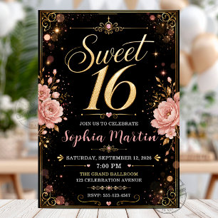 Elegant svart guld rosablommande Sweet 16 Inbjudningar