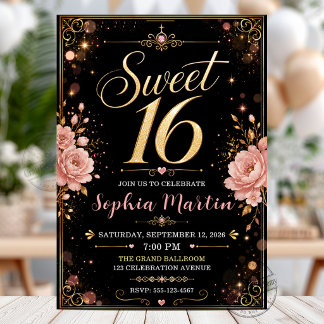 Elegant svart guld rosablommande Sweet 16 Inbjudningar