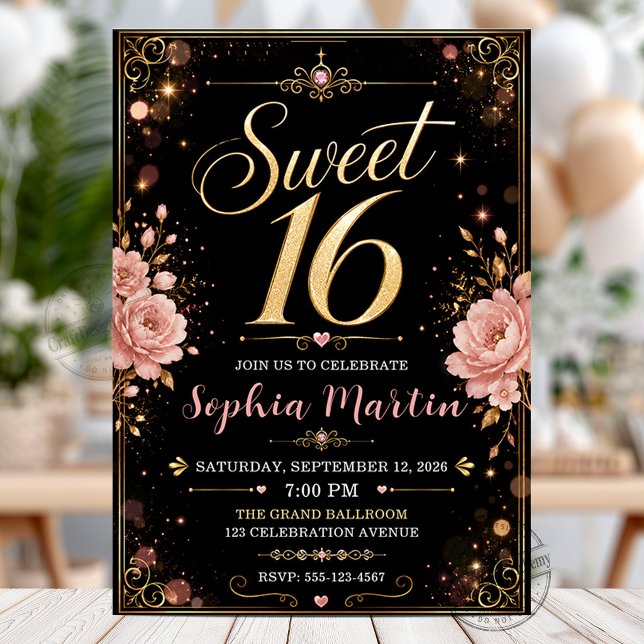 Elegant svart guld rosablommande Sweet 16 Inbjudningar (Skapare uppladdad)