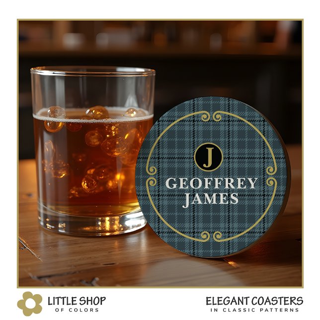 Elegant svart guld rutigt monogram underlägg papper rund (Skapare uppladdad)