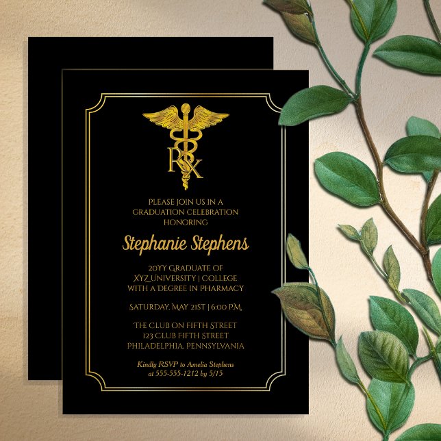 Elegant svart | Guld Rx Pharmacy Studentfest Inbjudningar (Elegant Black and Gold Tone "RX" Pharmacy Graduation Party Invitation -- Print and/or Download)
