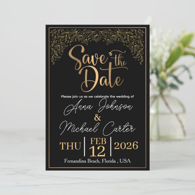 Elegant svart & guld Save the Date Beachbröllop I Inbjudningar (Stående Fram)