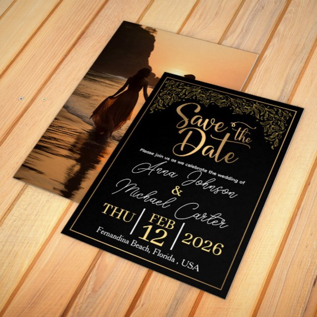 Elegant svart & guld Save the Date Beachbröllop I Inbjudningar (Skapare uppladdad)