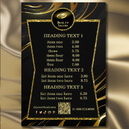 Elegant svart & guld skönhetssalong prislista flygblad