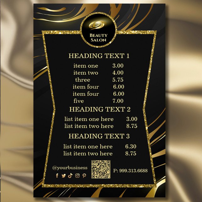 Elegant svart & guld skönhetssalong prislista flygblad (Elegant Black & Gold Beauty Salon Price List Flyer #zazzlemade #zazzlefinds #hairstyleflyer #makeup)