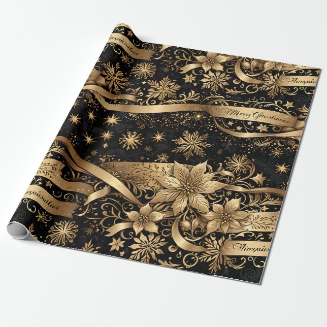 Elegant svart guld snöflinga glans blomster jul presentpapper (Utrullad)