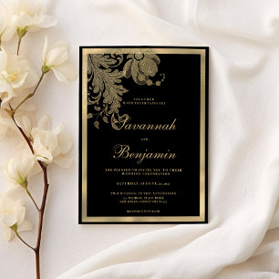 Elegant, svart guld snöre blommigt bröllop inbjudningar