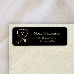 Elegant svart guld stetoskop monogram adress returadress etikett