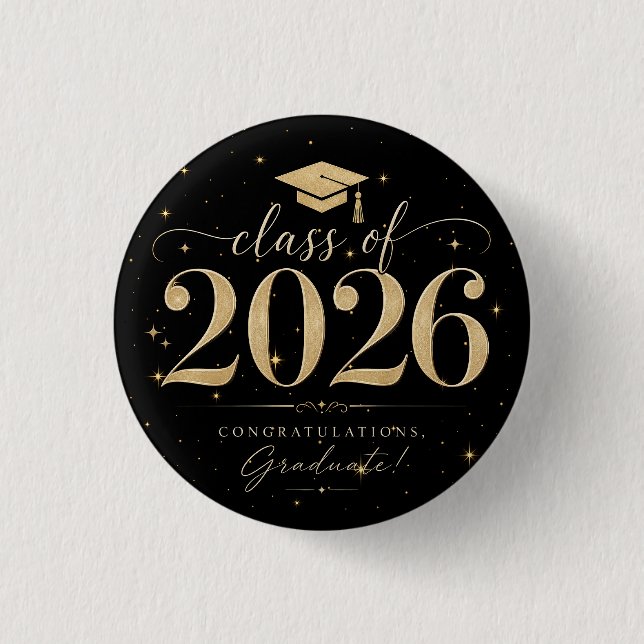 Elegant Svart Guld Stjärnor Klass 2026 Examen Knapp (Framsida)