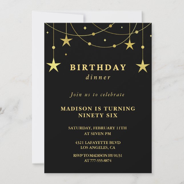 Elegant svart guld stjärnor middag 96-årsdag inbjudningar (Framsida)