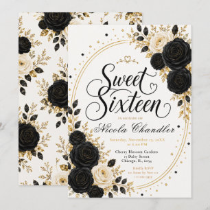 Elegant svart guld Sweet Sixteen Inbjudningar