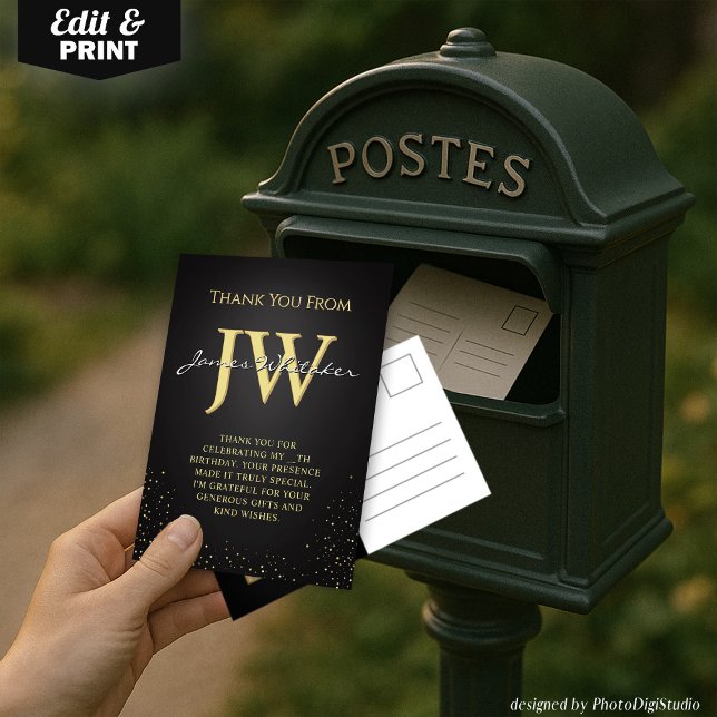 Elegant Svart Guld Tacksamhetskort med Anpassade I Tack Kort (Custom Initials Elegant Black Gold Thank You Card)